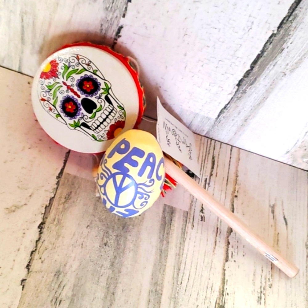 Skull Spin Drum and Peace Shaker by Jamtown Fair Trade NEW!